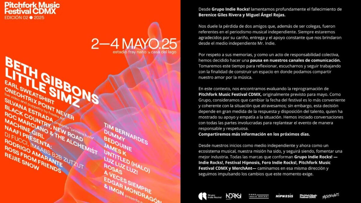 Luego de la muerte de Berenice Giles y Miguel Hernández a raíz de la caída de una grúa en el festival Ceremonia, Grupo Indie Rocks! se pronunció ante lo ocurrido y evalúa reprogramar el Pitchfork Music Festival CDMX, evento del que tienen la franquicia.