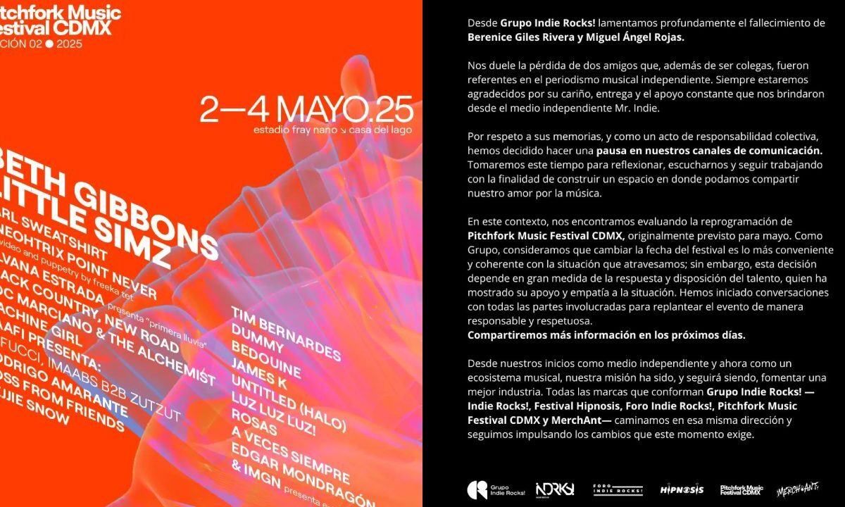 Luego de la muerte de Berenice Giles y Miguel Hernández a raíz de la caída de una grúa en el festival Ceremonia, Grupo Indie Rocks! se pronunció ante lo ocurrido y evalúa reprogramar el Pitchfork Music Festival CDMX, evento del que tienen la franquicia.