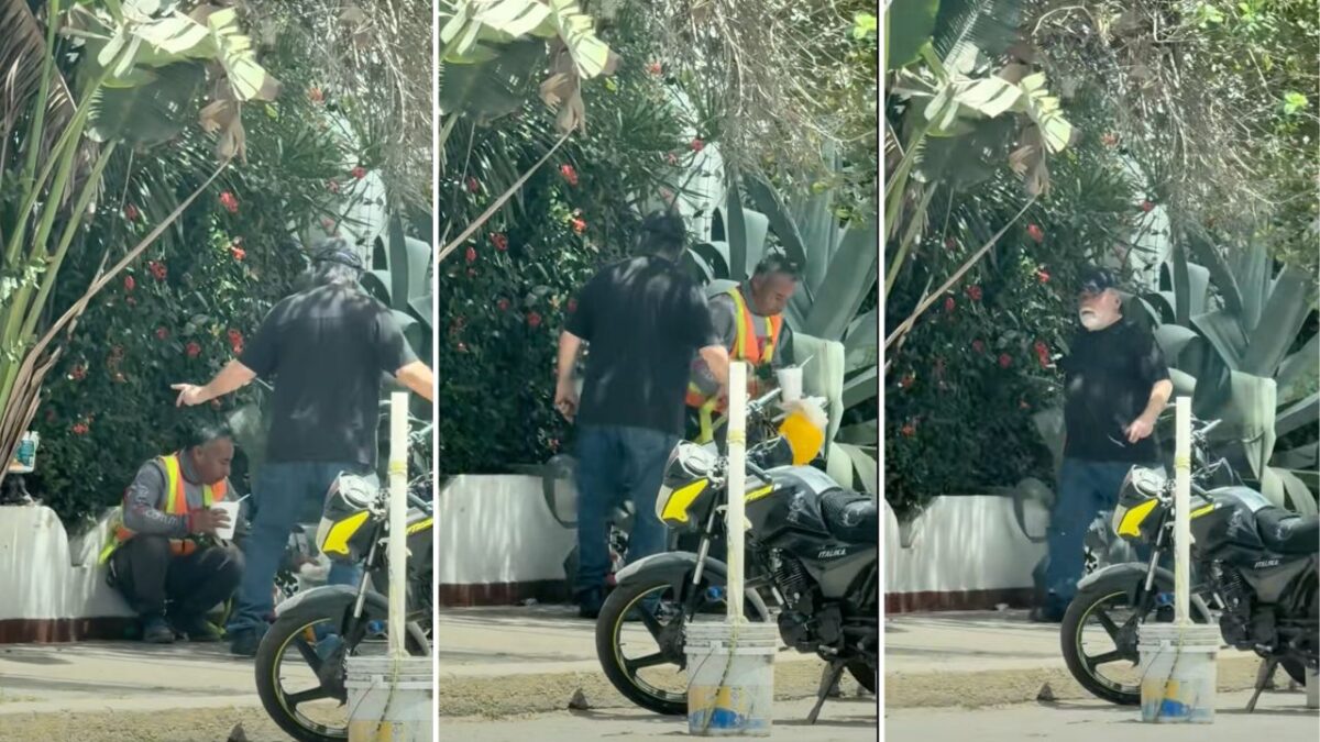 Una usuaria en TikTok exhibió a un presunto turista extranjero corriendo a un trabajador de la construcción que comía en la banqueta.