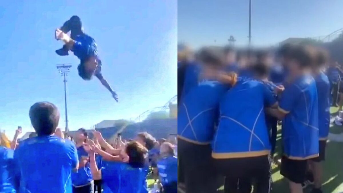 Durante un evento de la UANL, estudiantes de preparatoria lanzaron al aire a un compañero ocasionando un fuerte accidente.