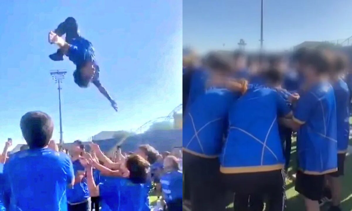 Durante un evento de la UANL, estudiantes de preparatoria lanzaron al aire a un compañero ocasionando un fuerte accidente.