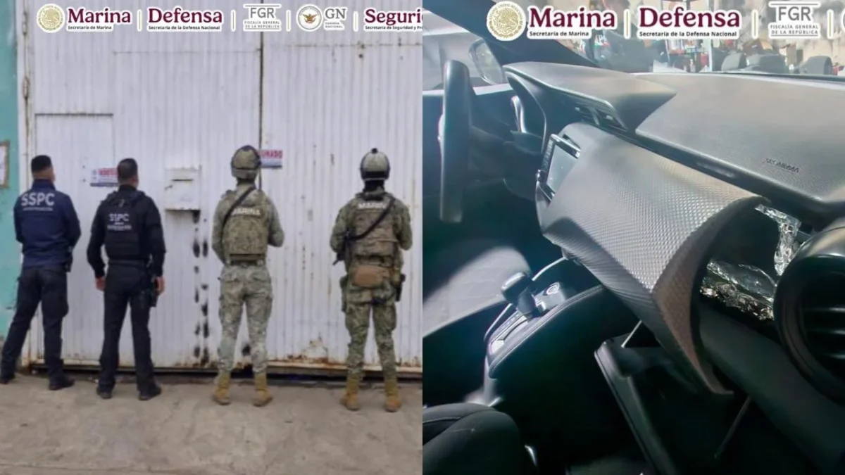 Autoridades federales aseguran 10 vehículos modificados para traficar droga en Baja California.