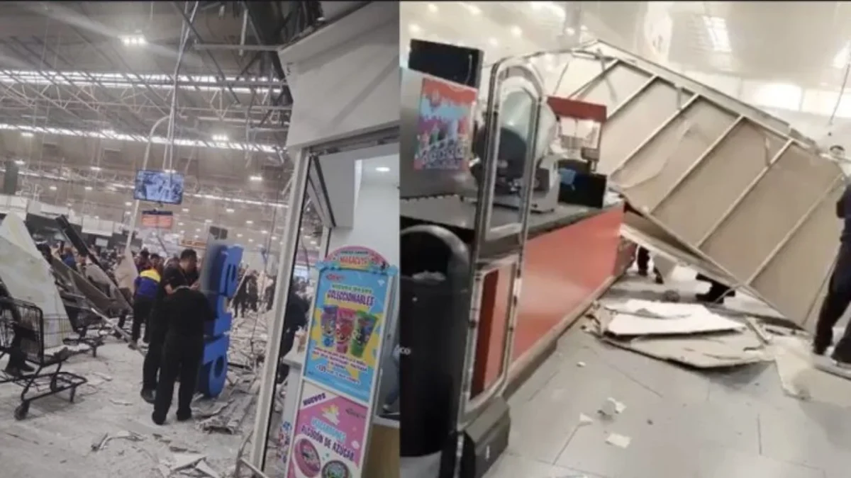 Cuerpos de emergencia atendieron a dos personas por la caída de plafón en supermercado en Plaza Pabellón del Valle.