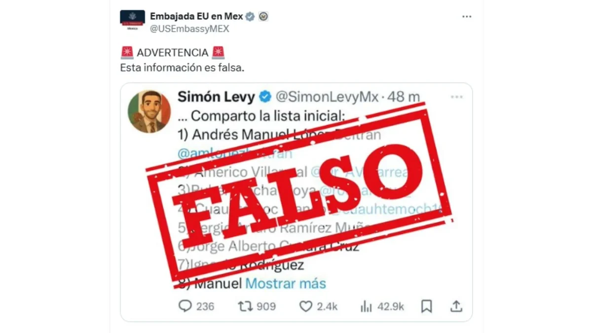 Embajada de EU en México califica de falsa, la presunta lista de políticos mexicanos buscados por el gobierno estadounidense.