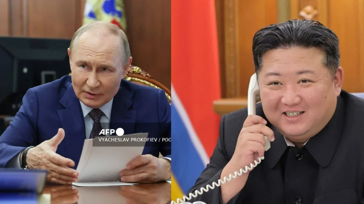 Líder norcoreano Kim Jong-un conversando por teléfono con el presidente ruso Vladimir Putin en un lugar no revelado de Corea del Norte