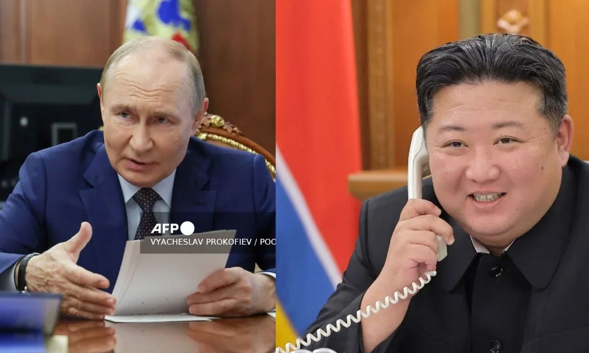 Líder norcoreano Kim Jong-un conversando por teléfono con el presidente ruso Vladimir Putin en un lugar no revelado de Corea del Norte