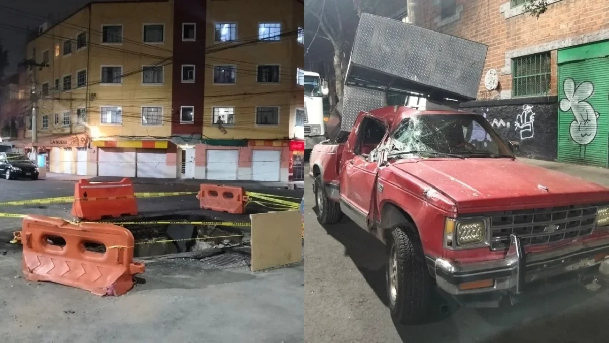 Un socavón en la colonia Obrera, provocó la volcadura de un camión de carga; no se reportan lesionados.