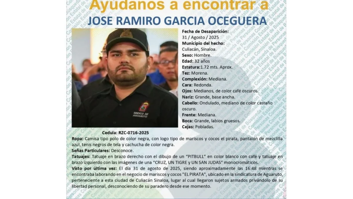 Emiten ficha de búsqueda para la localización de José Ramiro, síndico de Aguaruto, Sinaloa