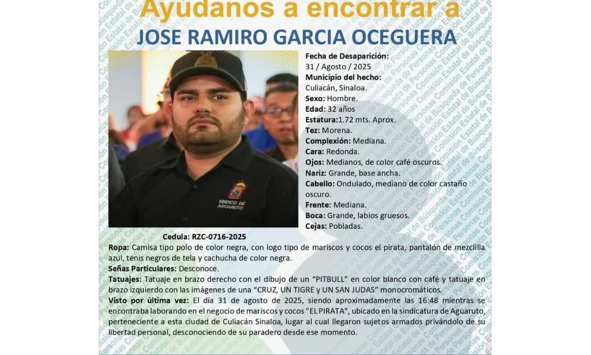 Emiten ficha de búsqueda para la localización de José Ramiro, síndico de Aguaruto, Sinaloa