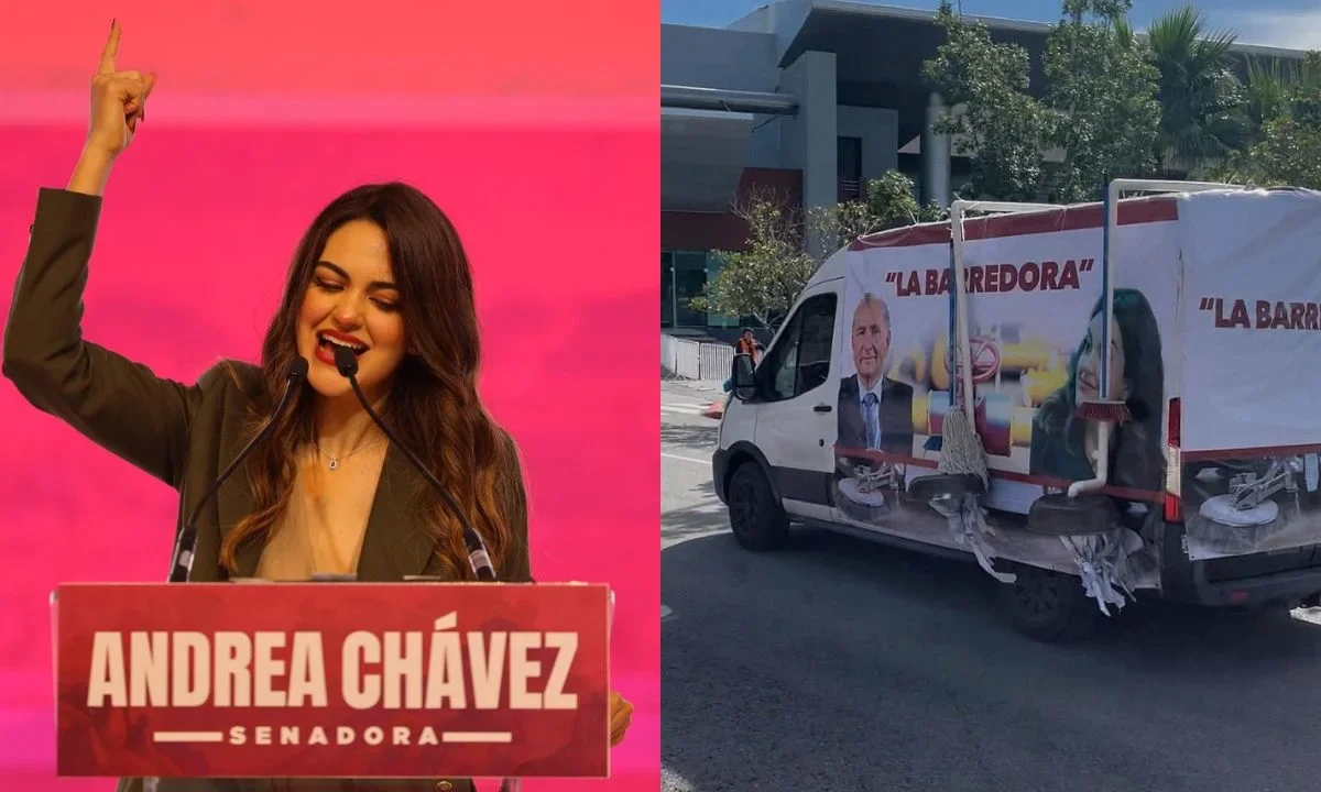 Aparecen vehículos con lonas de ‘La Barredora’ en informe de Andrea Chávez en Chihuahua.