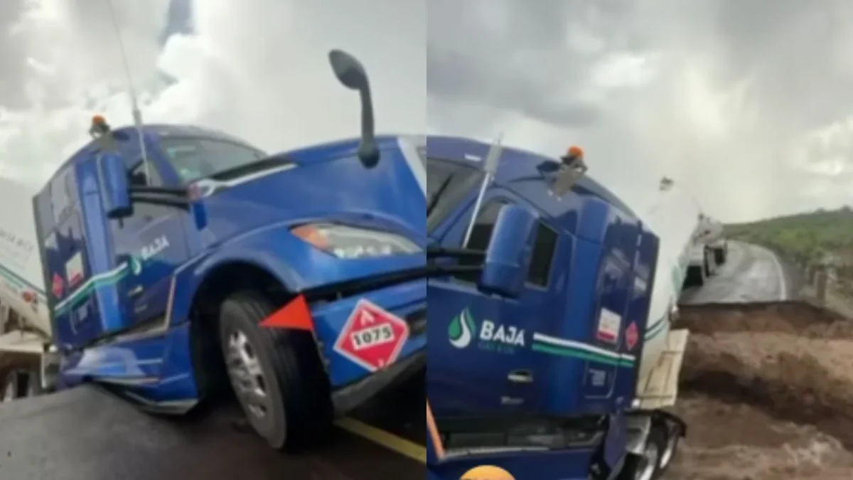 Pipa de gas queda colgando en la Carretera Transpeninsular tras deslave por intensas lluvias en Baja California Sur.