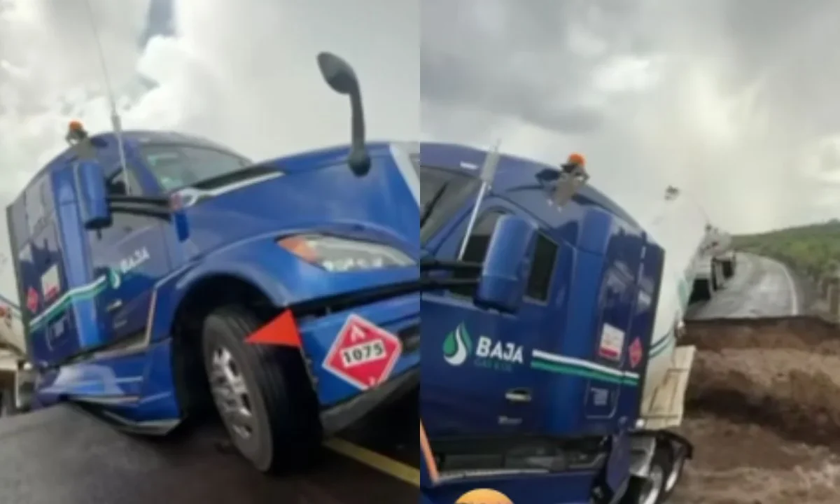 Pipa de gas queda colgando en la Carretera Transpeninsular tras deslave por intensas lluvias en Baja California Sur.