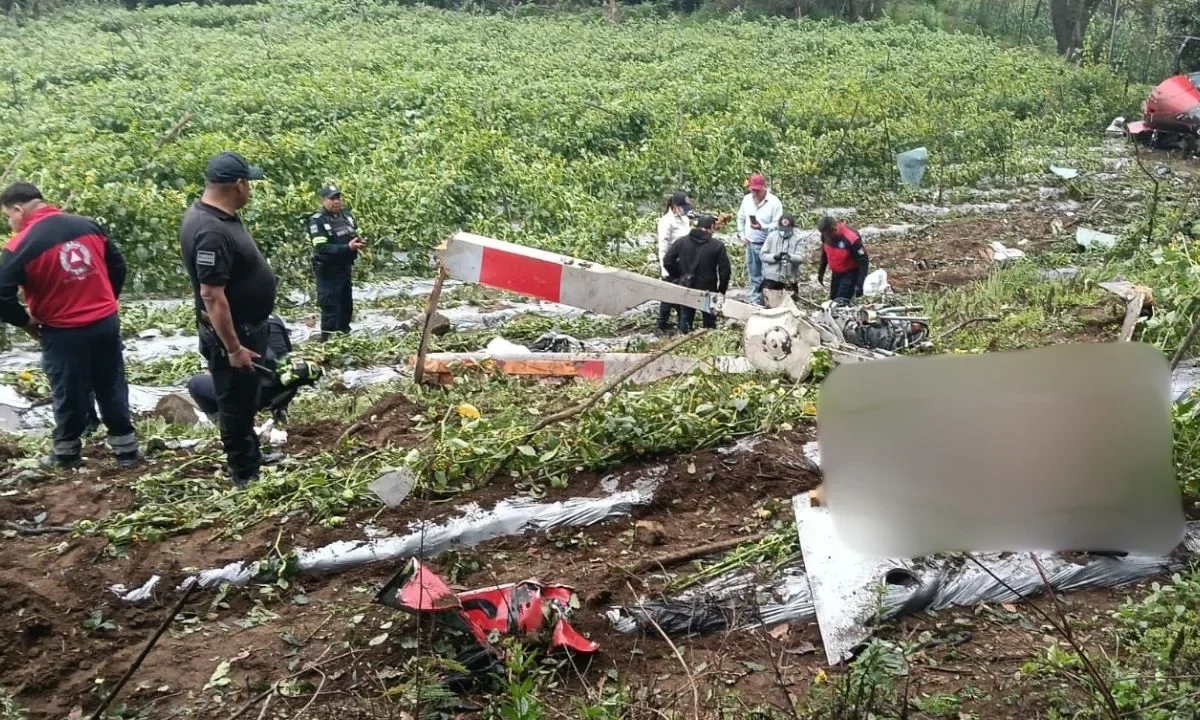 El helicóptero siniestrado, presuntamente propiedad de la empresa Angel Flight, se desplomó en los límites de Tepetlixpa y Juchitepec, Edomex.