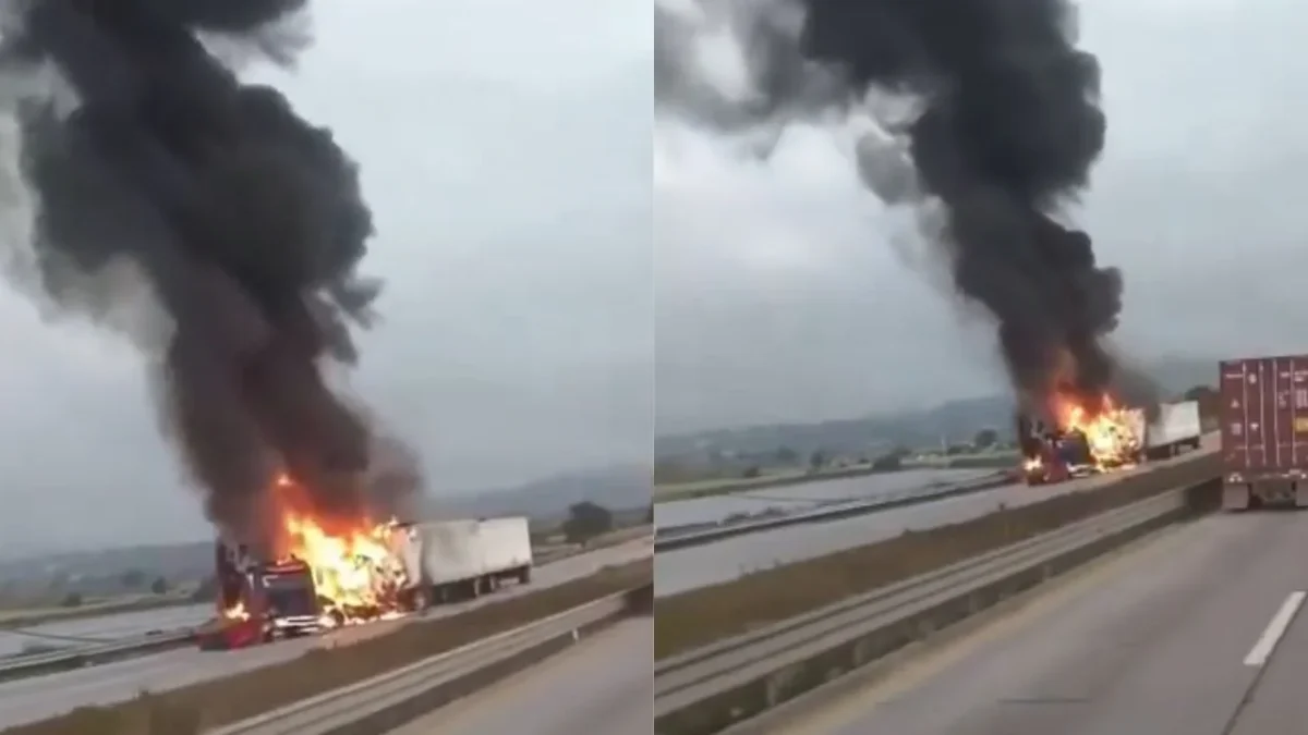 Incendio de dos tráilers en Arco Norte provoca cierre a la altura del km 178