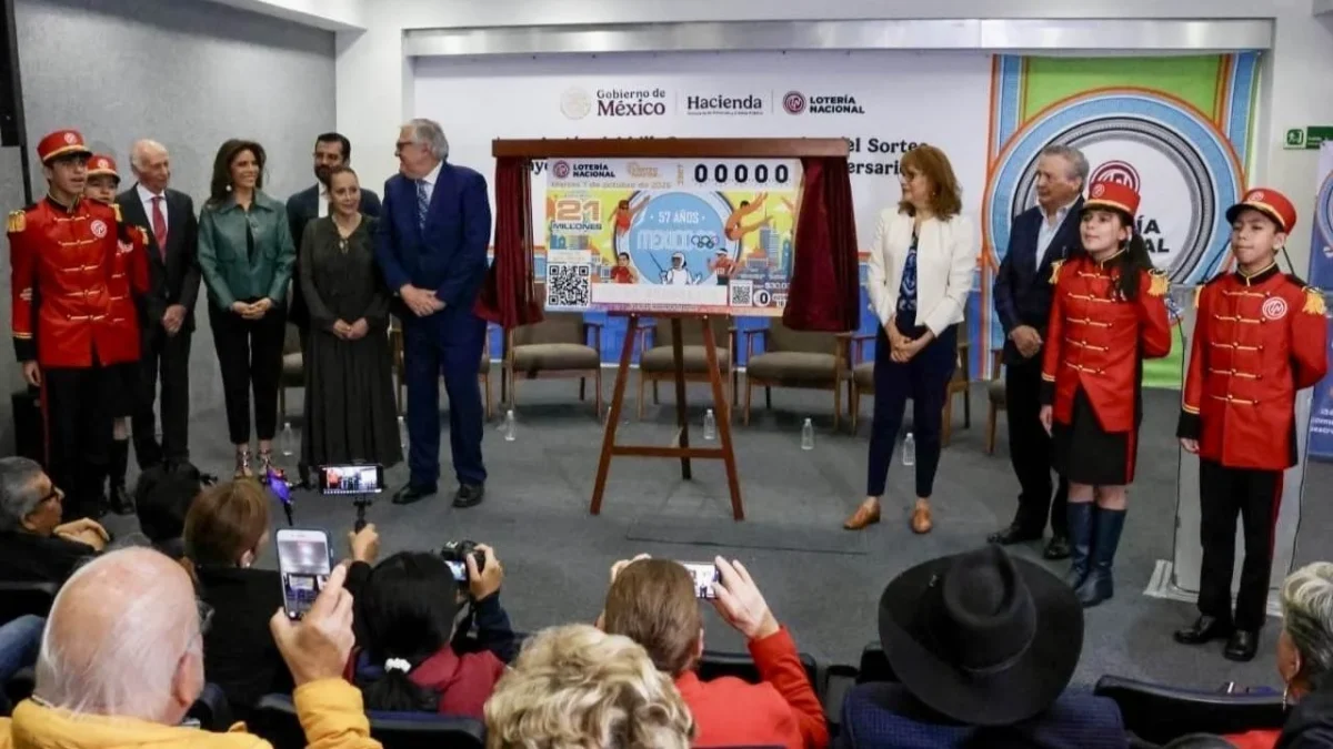Develan el billete de Lotería para conmemorar el 57 aniversario de los Juegos Olímpicos de 1968 que se realizaron en México.