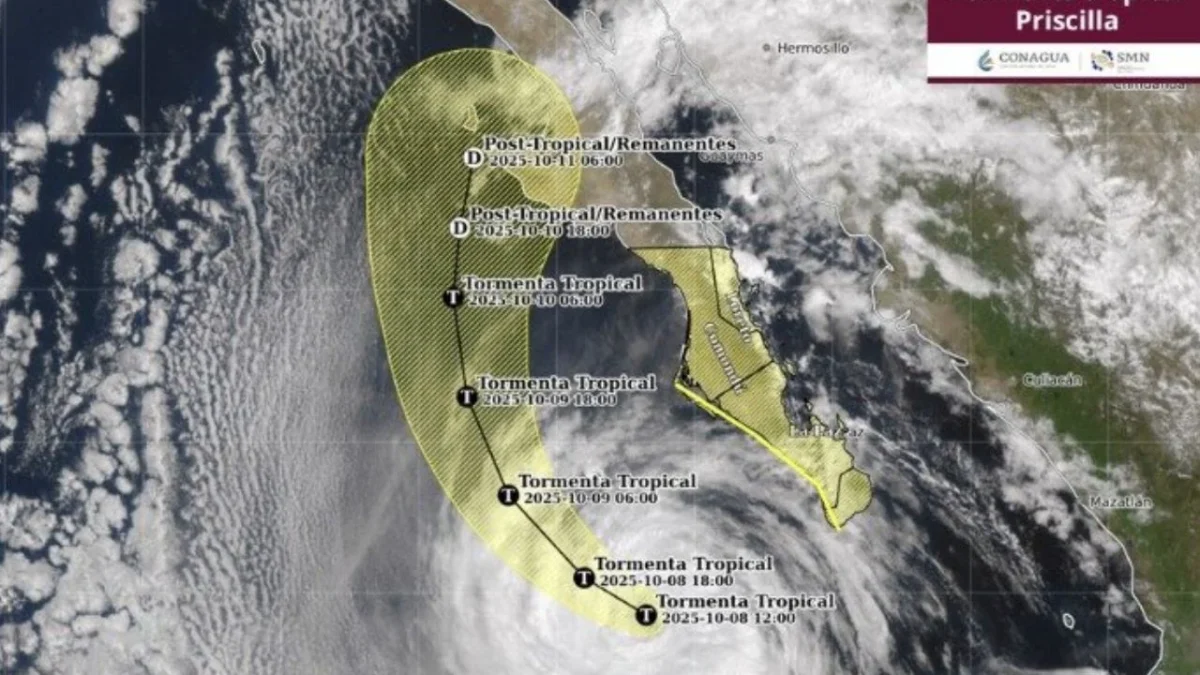 El pronóstico de lluvias, vientos y oleaje alto sigue activo en Baja California Sur durante el alejamiento de la tormenta tropical Priscilla.