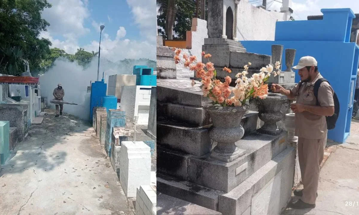 Protegen salud de habitantes con control de mosquitos en panteones del municipio de Palizada, en el estado de Campeche.