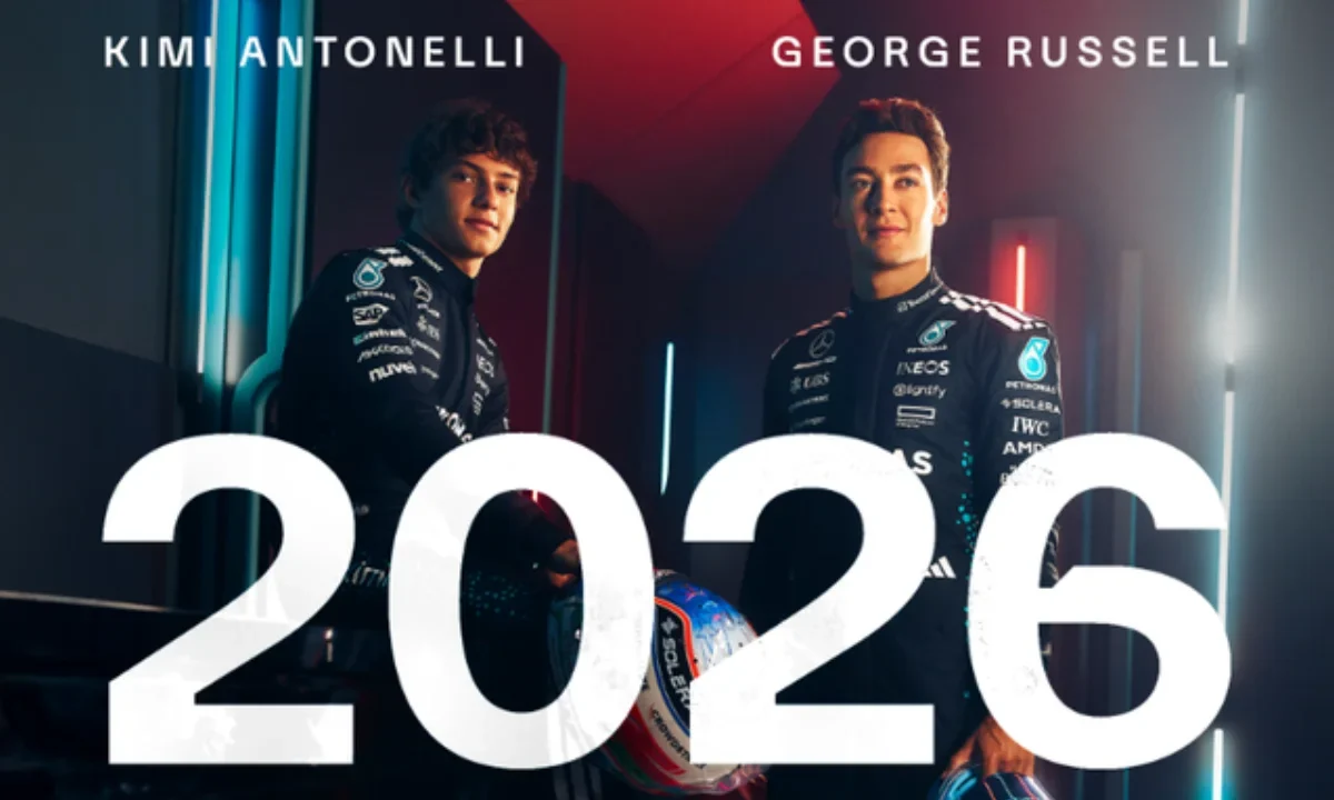 George Russell y Kimi Antonelli celebran la renovación con Mercedes, listos para liderar la nueva era de la escudería en 2026.