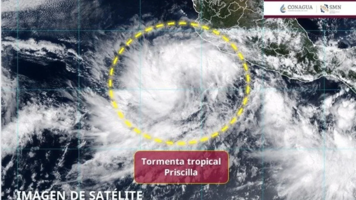 El centro de la Tormenta Tropical Priscilla se localiza a 470 kilómetros al sur-suroeste de Manzanillo, Colima y se desplaza al noroeste.