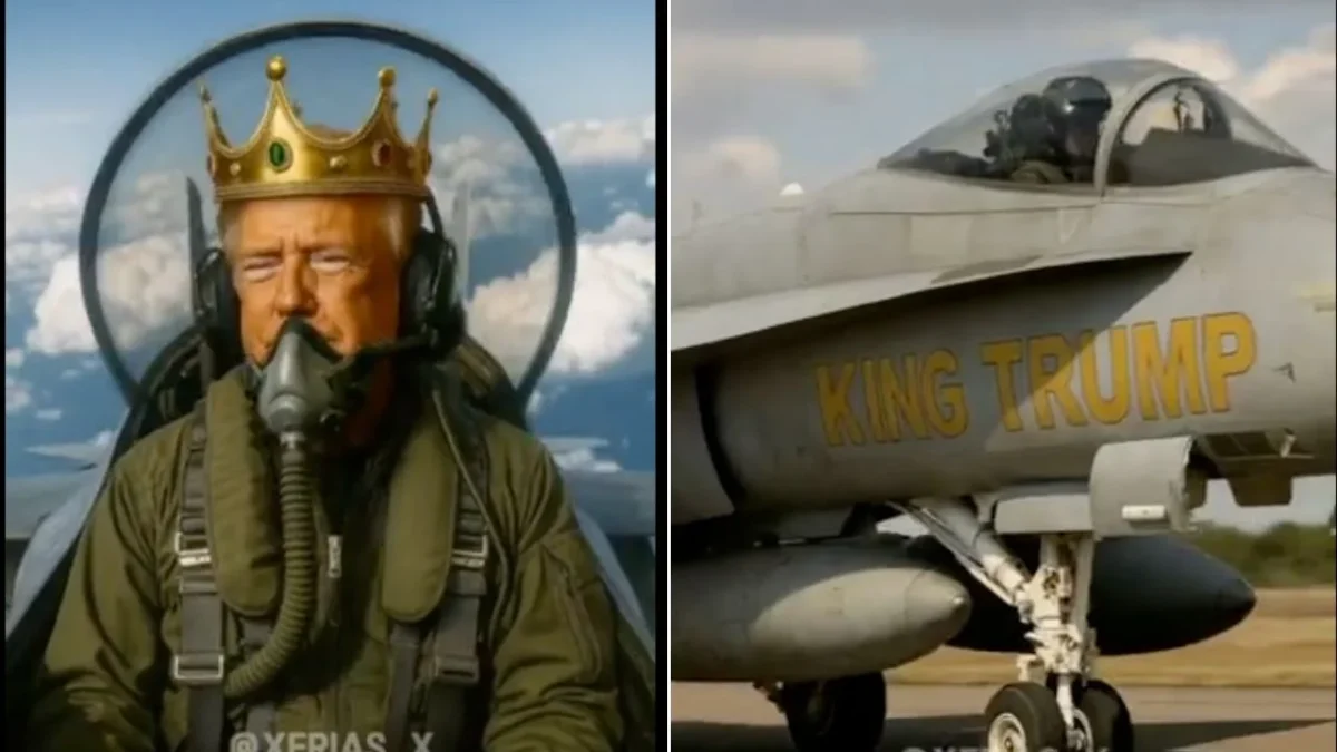 Captura de video generado con Inteligencia Artificial, donde se ve a Donald Trump con una corona de rey piloteando una aeronave con la leyenda King Trump.