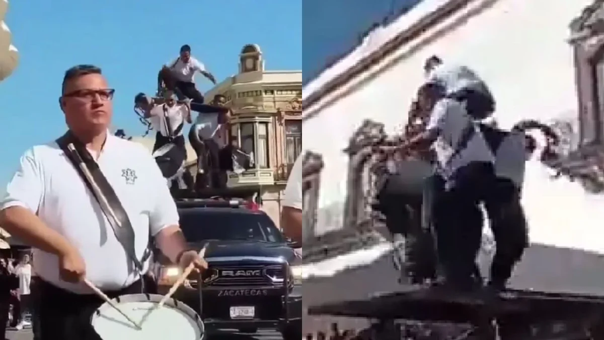 Los policías cayeron al realizar una pirámide humana durante el desfile con motivo al Día de la Revolución Mexicana en Zacatecas.