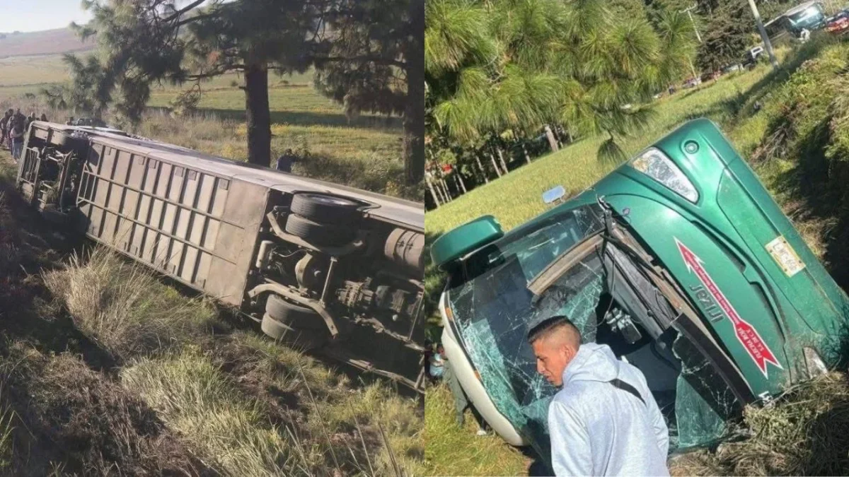 Se reportó un accidente donde un camión de pasajeros, de la línea Flecha Roja, volcó en la carretera Santiago Tianguistenco-Chalma.
