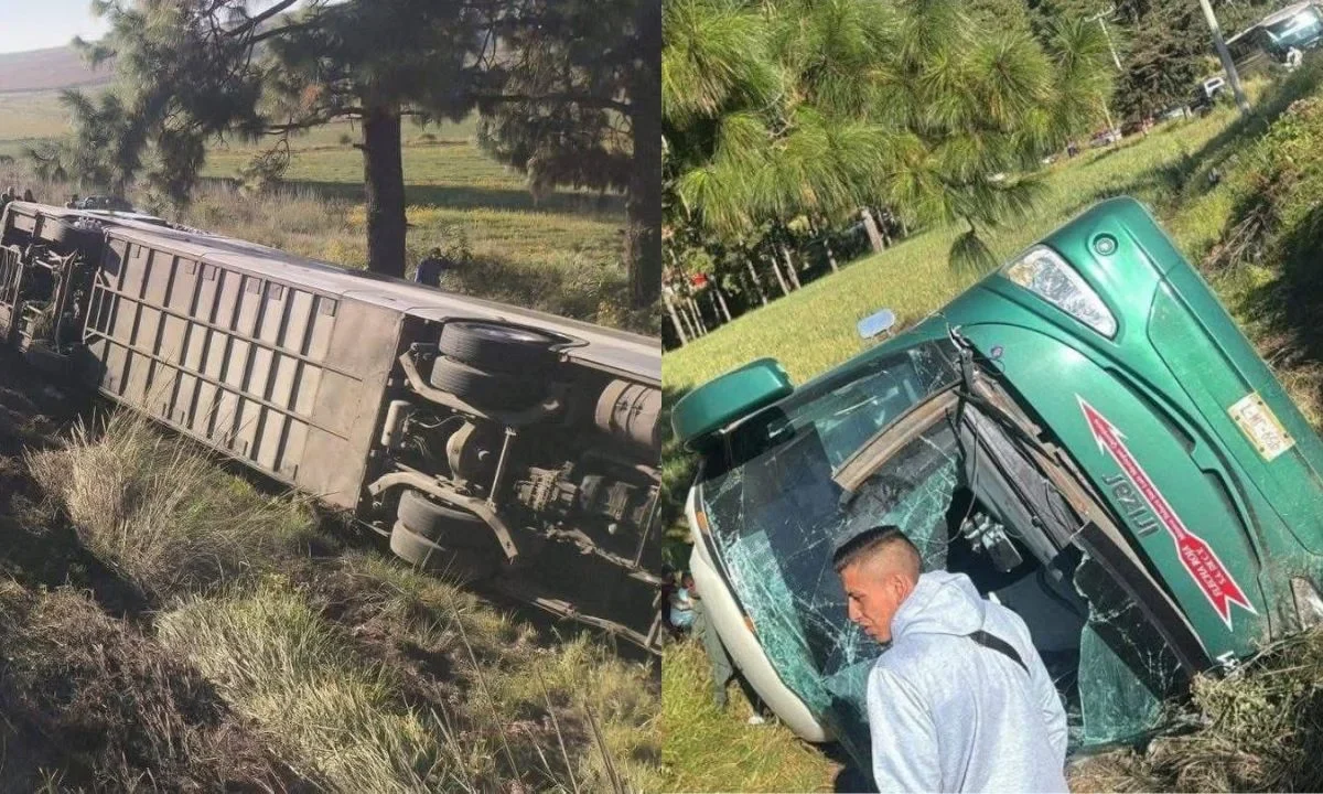 Se reportó un accidente donde un camión de pasajeros, de la línea Flecha Roja, volcó en la carretera Santiago Tianguistenco-Chalma.