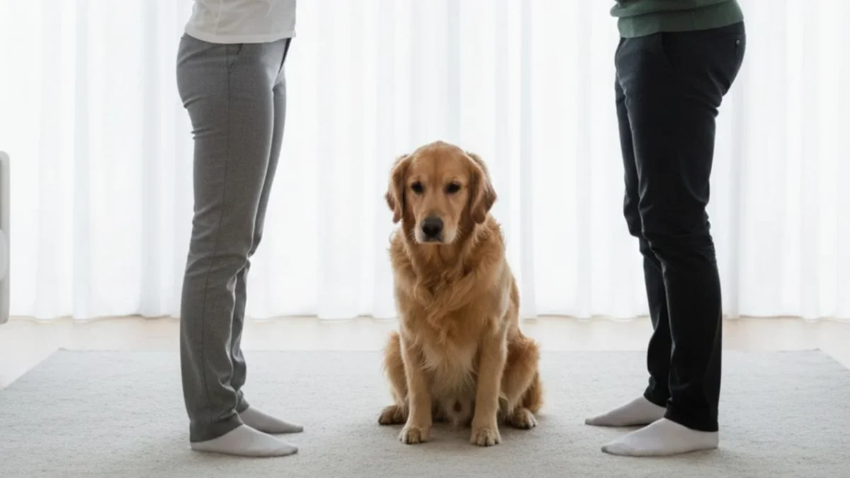 Imagen generada con IA. Prompt: Dos personas discutiendo por la custodia de un perro.