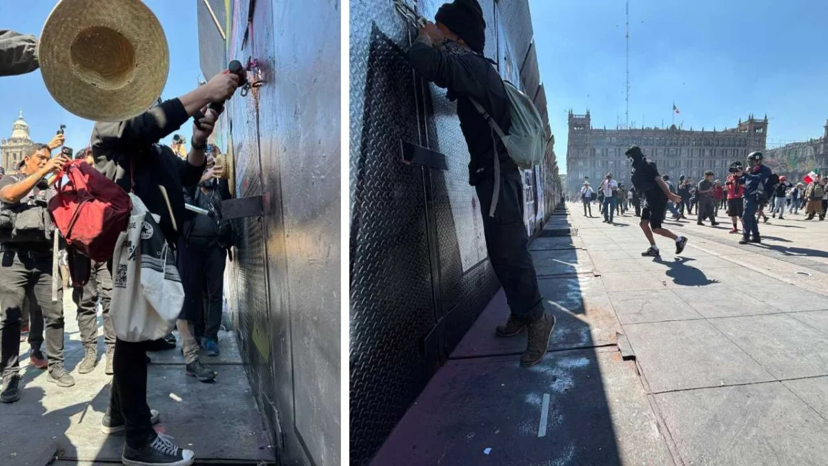 Manifestantes que participan en la marcha de la Generación Z derribaron el muro que protegía el Palacio Nacional.