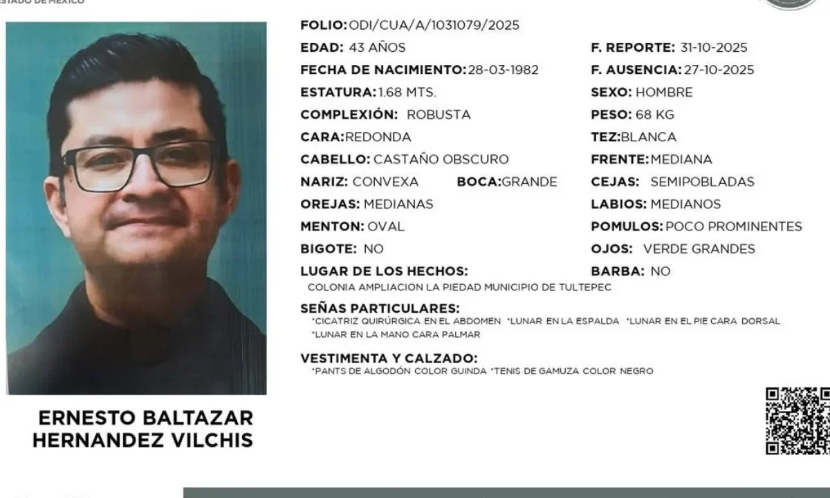 Autoridades y comunidad católica mantienen la búsqueda del sacerdote Ernesto Baltazar Hernández Vilchis, visto por última vez en Tultepec.