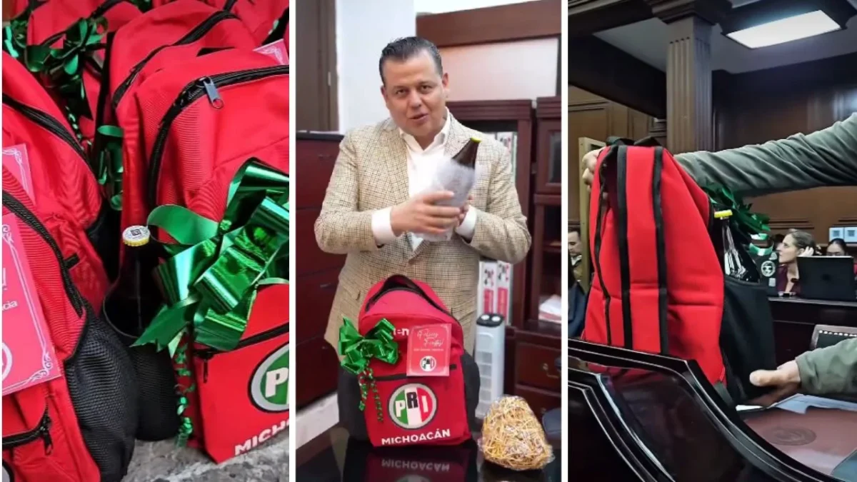Memo Valencia, diputado local de Michoacán del PRI, regaló a los legisladores mochilas con caguamas y botanas.