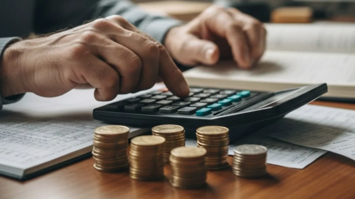 Imagen generada con Inteligencia Artificial para ilustrar la nota Consumo cierra con debilidad en el cuarto trimestre de 2025. Imagen muestra un contador con una calculadora y una torre de monedas sobre un escritorio.