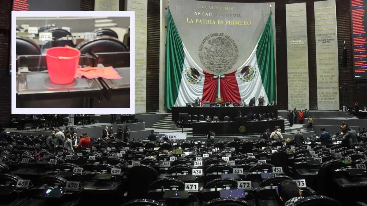 Detectan gotera en el pleno de la Cámara de Diputados, por lo que tuvieron que poner una cubeta para contenerla.