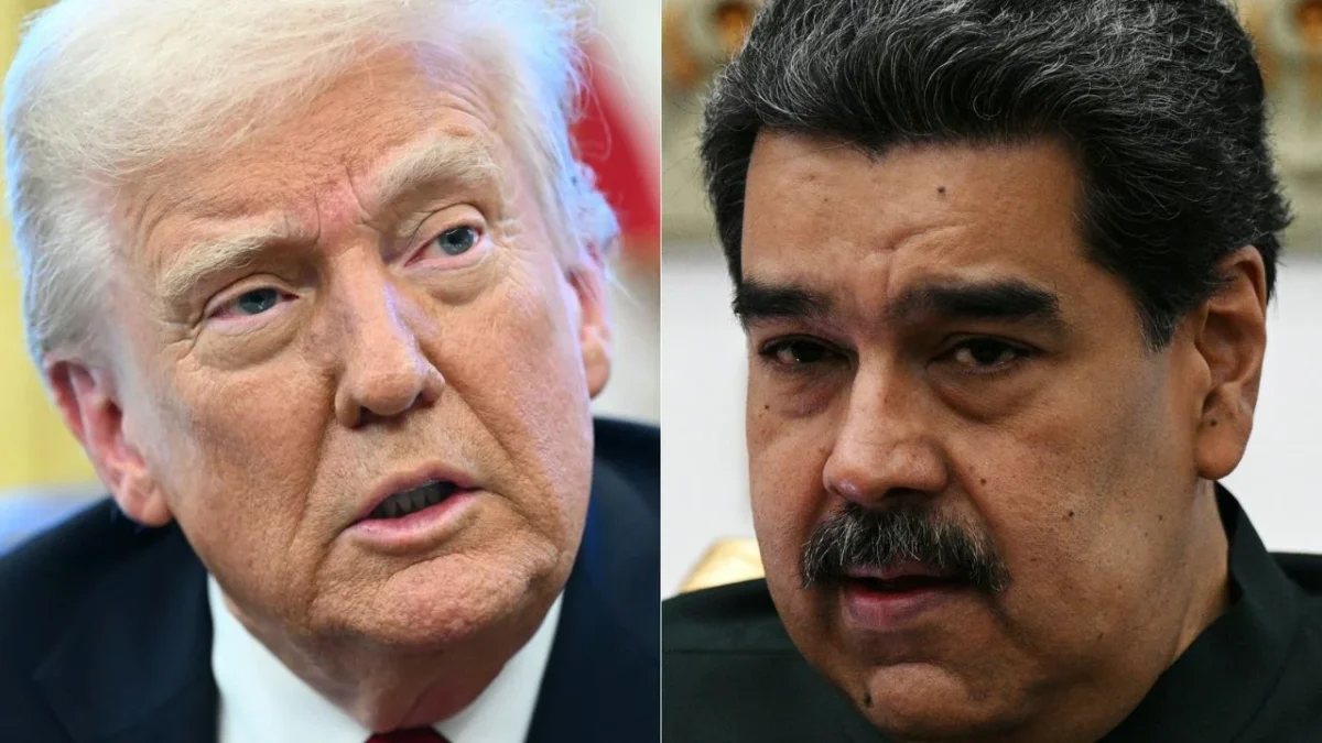Donald Trump, anunciando aranceles a las importaciones de automóviles en la Oficina Oval de la Casa Blanca en Washington, DC, el 26 de marzo de 2025 y (der.) al presidente de Venezuela, Nicolás Maduro, asistiendo a una reunión con el secretario general de la Organización de Países Exportadores de Petróleo