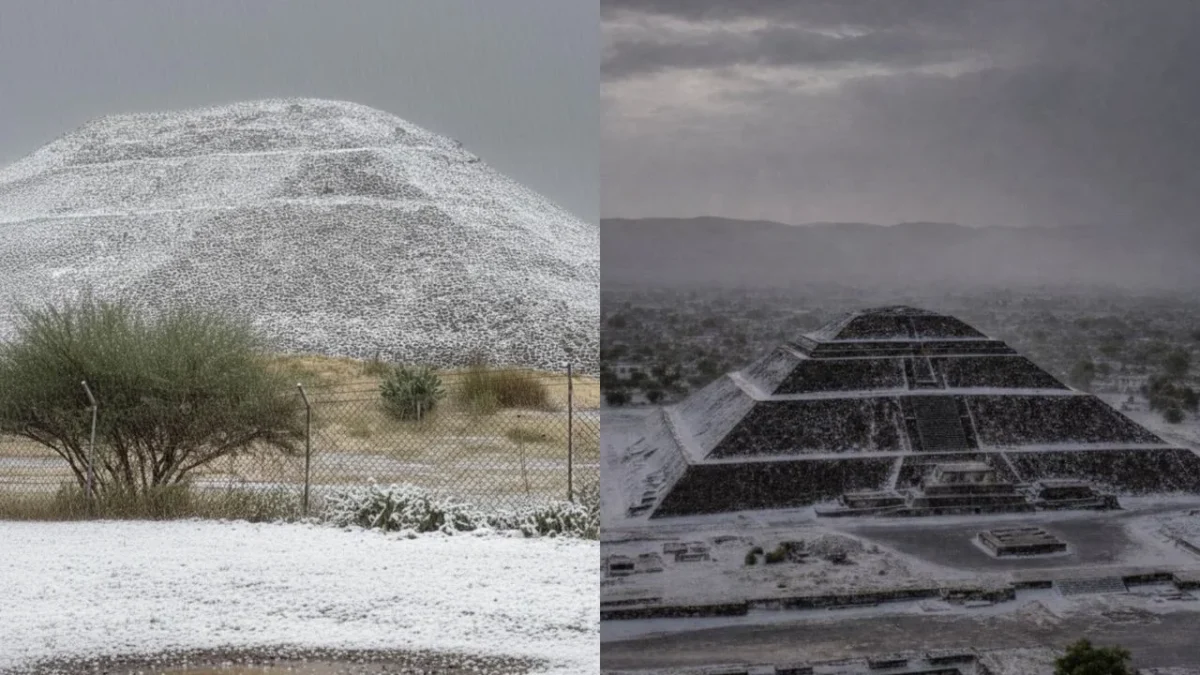 Una tormenta y granizo azotaron la zona arqueológica de Teotihuacán así como algunas calles aledañas este domingo.