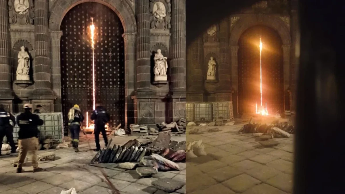 Elementos de emergencia atendieron un incendio en el portón norte de la Catedral de Puebla durante las primeras horas de este sábado.