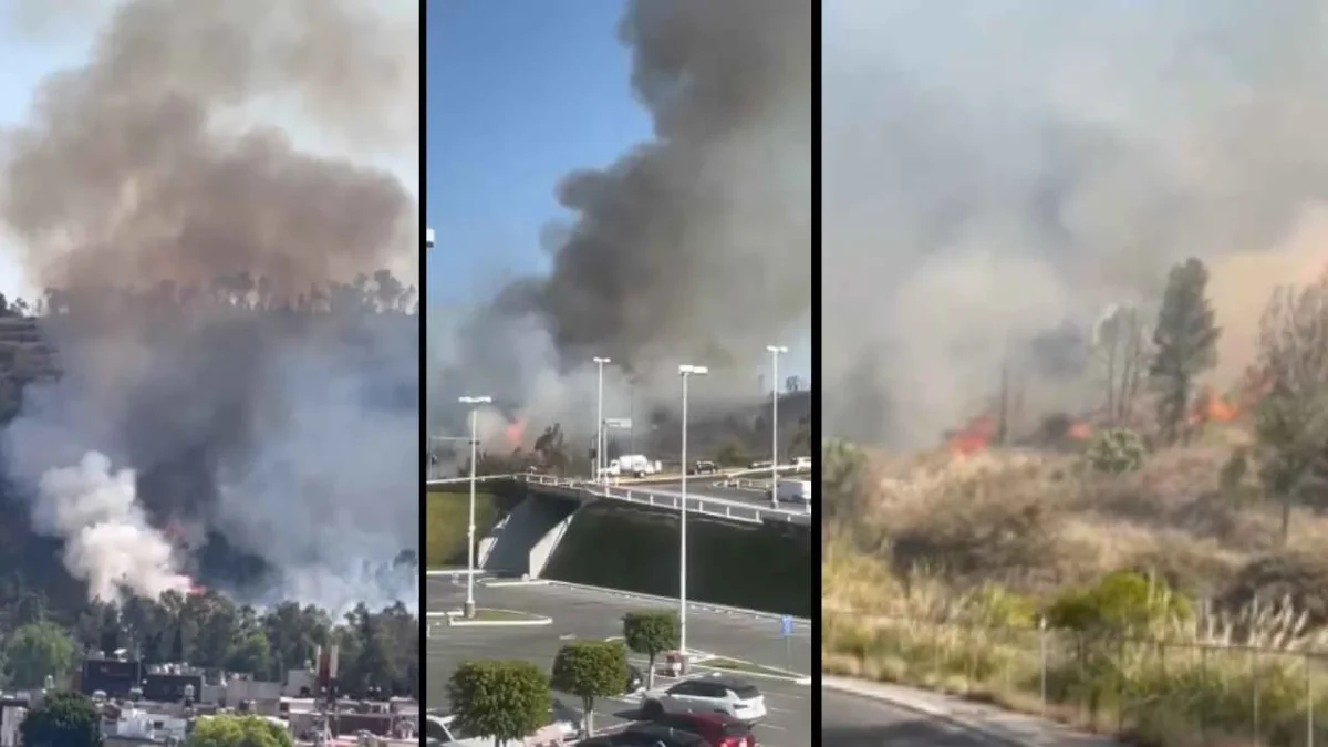 Se registra incendio de pastizal en el municipio de Atizapán de Zaragoza; autoridades realizan cierre vial para sofocar el incendio.