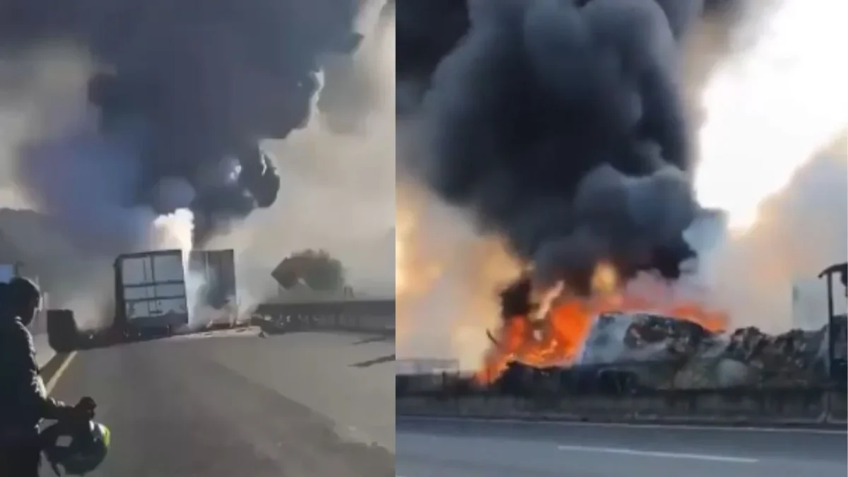 Autoridades realizaron el cierre de Arco Norte, mientras cuerpos de emergencia trabajaron en sofocar el fuego en uno de los tráileres.