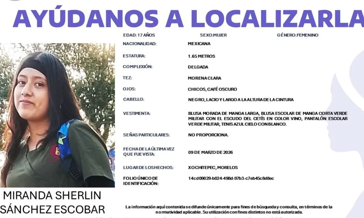 De nueva cuenta en Morelos desapareció una mujer, se trata de una alumna del CETIS, en 20 días van cinco casos en el estado.