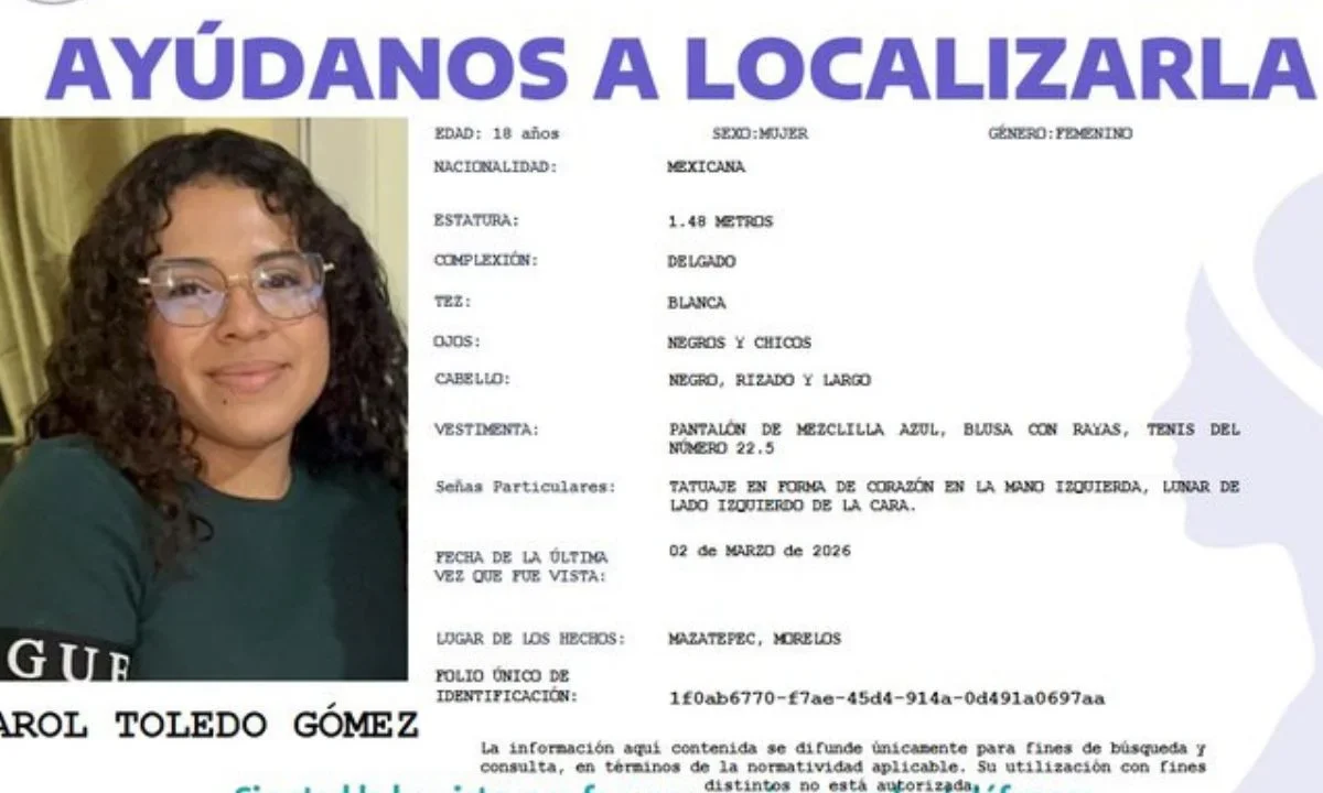 Luego de la desaparición y muerte de Kimberly Ramos, ahora desaparece Karol Toledo Gómez, también estudiante de la UAEM.