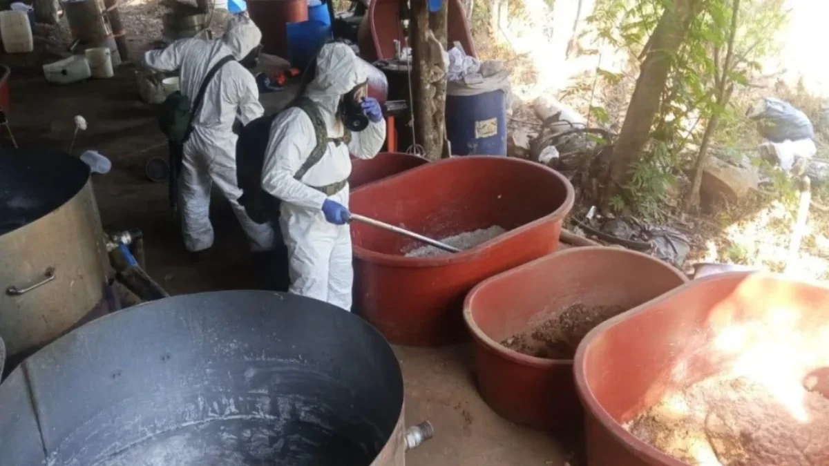 Desmantelan un laboratorio clandestino en Guerrero, asegurando 450 kilos de metanfetamina, 24,000 litros de precursores químicos y más de 2,000 dosis de drogas