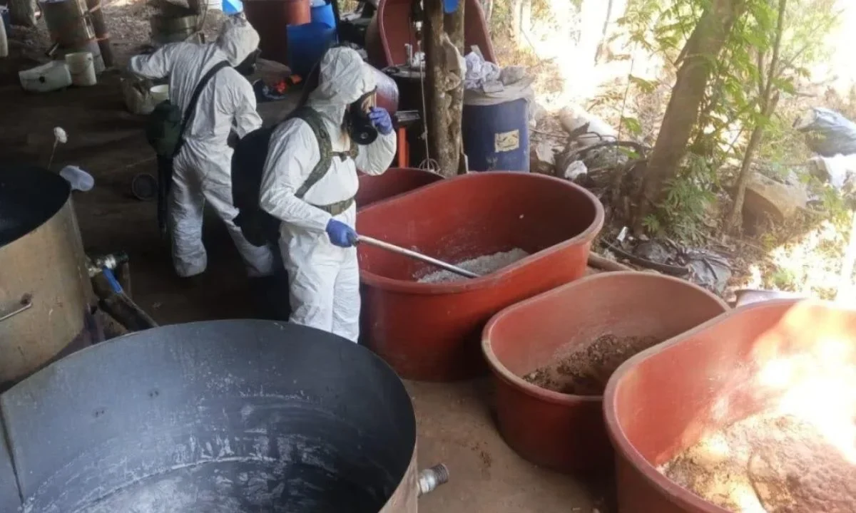 Desmantelan un laboratorio clandestino en Guerrero, asegurando 450 kilos de metanfetamina, 24,000 litros de precursores químicos y más de 2,000 dosis de drogas