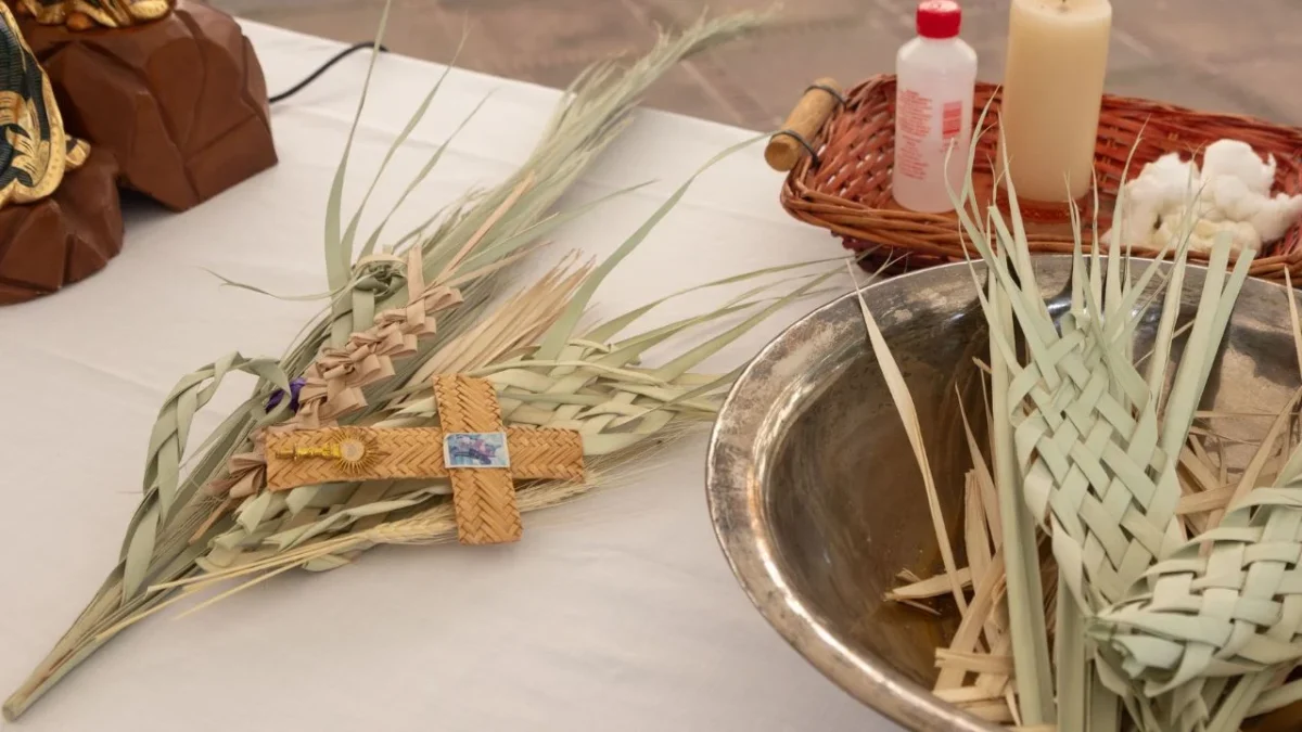 Fieles participan en la bendición de palmas durante el Domingo de Ramos, tradición que simboliza la entrada triunfal de Jesús a Jerusalén y el inicio de la Semana Santa.