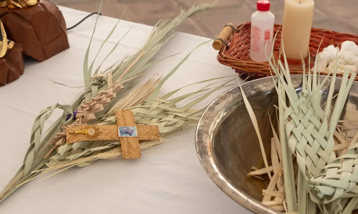 Fieles participan en la bendición de palmas durante el Domingo de Ramos, tradición que simboliza la entrada triunfal de Jesús a Jerusalén y el inicio de la Semana Santa.