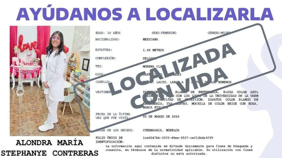 La Fiscalía General del Estado de Morelos informó que la estudiante de la UAEM, Alondra María Estephany fue localizada luego de haber sido reportada como desaparecida la mañana de este viernes.