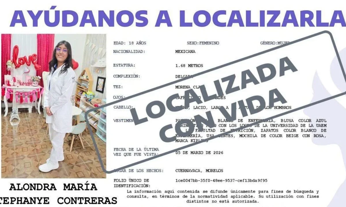 La Fiscalía General del Estado de Morelos informó que la estudiante de la UAEM, Alondra María Estephany fue localizada luego de haber sido reportada como desaparecida la mañana de este viernes.