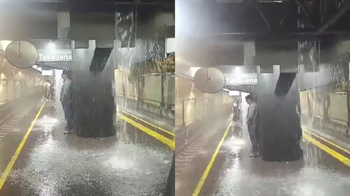 Una 'cascada' sorprendió a usuarios del Tren Ligero en la estación La Noria, tras la fuerte lluvia registrada este martes en la capital.
