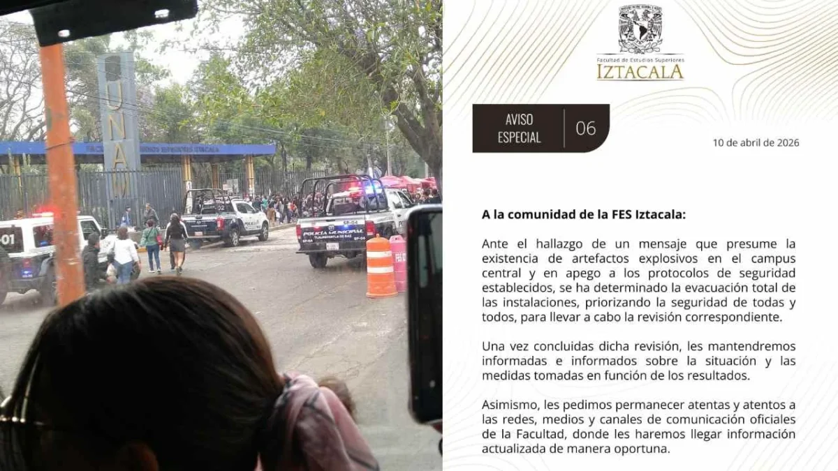 Desalojan la FES Iztacala tras amenaza de artefactos explosivos en las instalaciones del campus central.