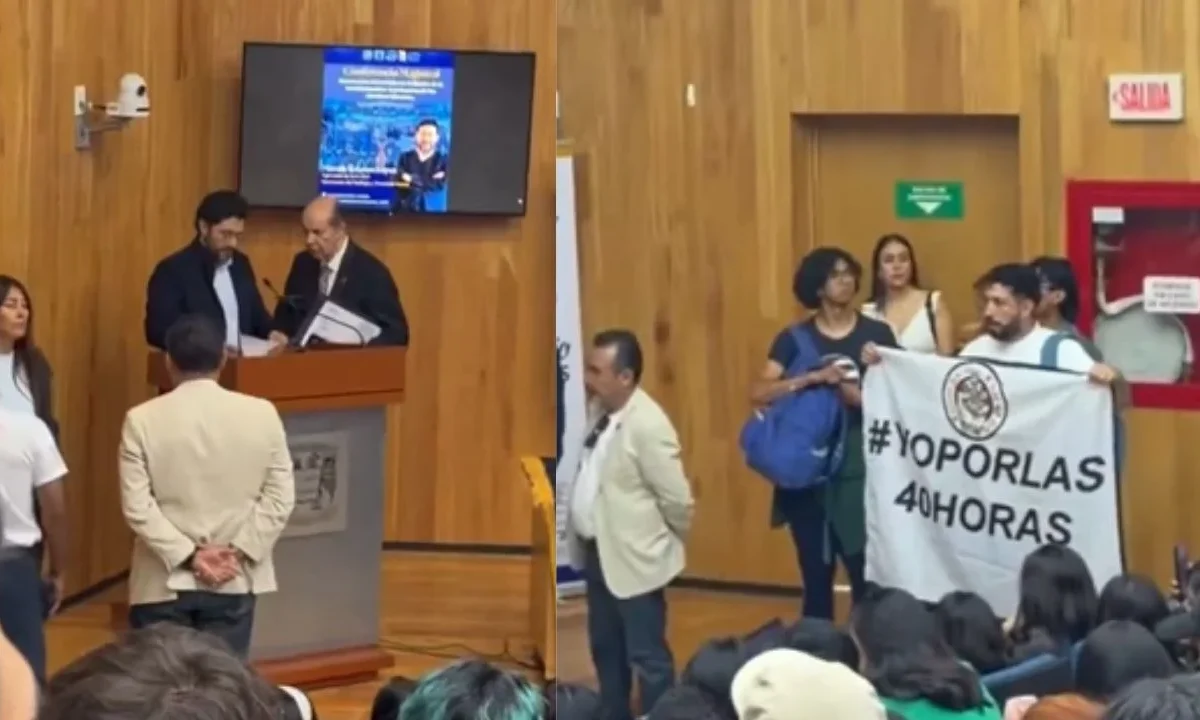 Activistas del Frente Nacional por las 40 Horas interrumpieron la conferencia de Marath Bolaños, para exigir avances reales en la reducción de la jornada laboral.