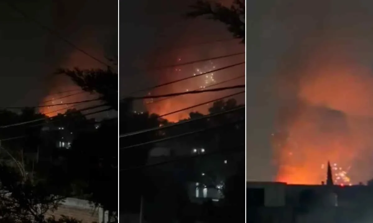 Explosión e incendio se registran en una bodega de pirotecnia cercana al Mercado de San Pablito Tultepec.